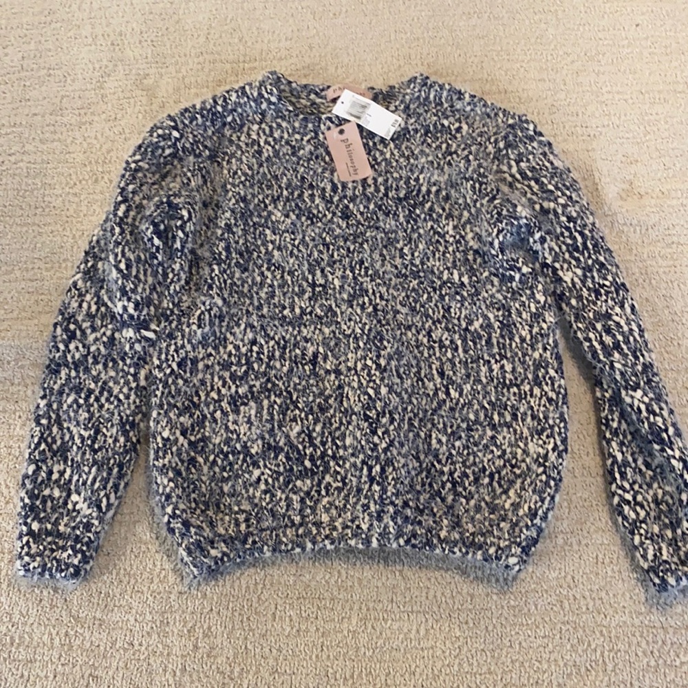 Women’s Philosophy Fuzzy Sweater, Size Small, Blue and White Multi, NWT